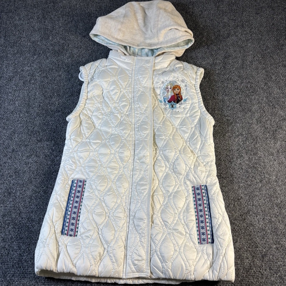 Disney Store Frozen Puffer Vest Kids 7/8 White Anna Elsa Hooded Quilted Gilet
